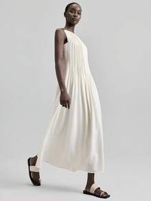 Ontre Váy xòe sọc trắng phong cách thành thị thanh lịch mới 2025 kèm dây đan màu đen, trang phục mùa hè - trắng - Xem 3