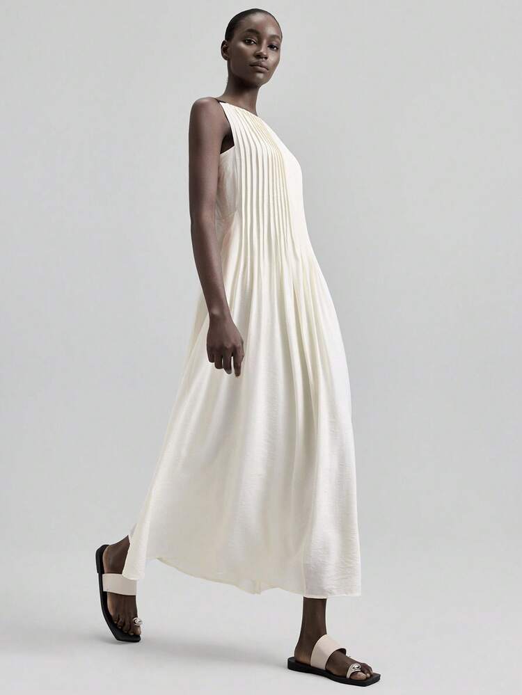 2026 New Elegant Urban Style White Striped Flared Dress With Black Woven Straps,Apparel Pleated Top Ivory Dress Pleated Dress Flow Dress Modern Urban Casual Fashion Business Casual Women's Office Wear Low-Key Old Money Style Effortless Temperament High-End Urban Commuting High-Quality Airport Women's Wear High-End Material High-End, Elegant, Old-Fashioned Cruise Clothing High-End, Elegant, Old-Fashioned Cruise Clothing Advanced Craft Pleated Design Beach Clothing, Bohemian Style Vacation Wear, A