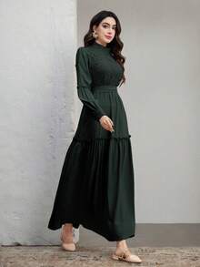 Graceveil 女士复古优雅撞色蕾丝立领收腰长连衣裙，适合春秋季穿着 - 墨綠色 - 查看 4