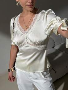 Lavishia Women's Elegant Satin & Lace Patchwork Blouse, Spring/Summer - Apricot - View 5