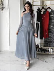 少女不对称领口金属扣腰部A字连衣裙 - 白色 - 查看 5