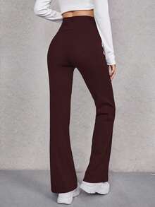 SHEIN EZwear 女士针织高腰喇叭裤 女士办公室穿搭裤 女士高腰阔腿裤 女士高腰喇叭打底裤 阔腿瑜伽裤 - 酒紅色 - 查看 2