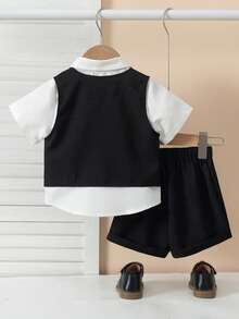 SHEIN Gentleman Boy's Set Sleeveless Vest&Solid Shorts Black And White,Summer,Formal,Wedding Guest Elegant Outfit For Birthday Party Christening Performance - Royal Blue - View 3