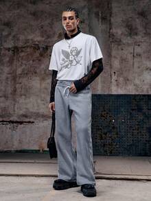 Skyrend 男士撞色铆钉二合一短裤，浅灰色，男士喇叭运动裤，男士阔腿运动裤，灰色喇叭运动裤，男士喇叭运动裤，喇叭运动裤 - 灰色 - 查看 3