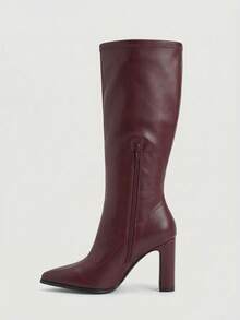 Daringsoles 女士尖头粗跟高跟紧身弹力PU皮性感侧拉链秋冬靴前卫舞会通勤女靴 - 酒紅色1 - 查看 7