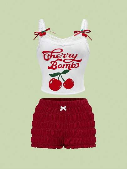 ROMWE Kawaii 2 件套女童休闲樱桃印花蕾丝拼接细肩带樱桃装饰吊带背心上衣和荷叶边下摆超短裤，加大码