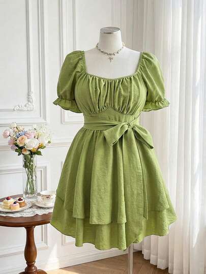 Sweetra Casual Elegant Minimalist French Style Tie-Waist Bow Decor Double-Layer Hem Ruffle Sleeve A-Line Midi Dress, Green, Plus Size, Linen-Like Fabric