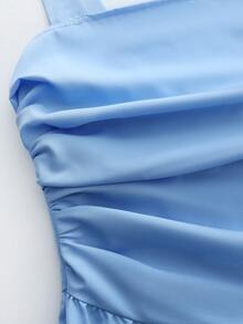 SHEIN Tall 优雅通勤工作度假褶皱不对称吊带蓝色长裙舞会礼服女士优雅女士连衣裙正式礼服高品质礼服伴娘礼服婚礼在线伴娘礼服商店女士正式礼服 - 藍色 - 查看 4