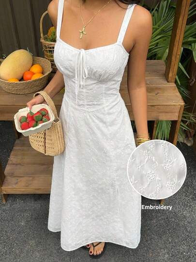 SHEIN EZwear White Woven Romantic Vacation Style Sleeveless Slit Thigh Dress