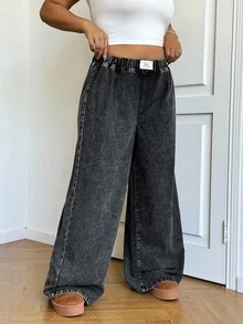 SHEIN EZwear 大码休闲宽松弹力腰阔腿牛仔裤，黑色 - 黑色 - 查看 4
