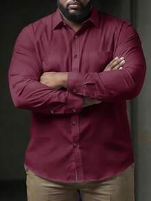 DRIVNCORE Plus Size Men Solid Color Front Button Business Casual Long Sleeve Shirt, Fall - Burgundy - View 2