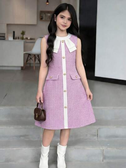 Girls' Sweet Princess Style Fresh & Cute Black & White Contrast Color Round Neck Short Sleeve Mid-Length Tulle Dress With 3D White Flower Decor, Suitable For Birthday Party, Kindergarten Activities, Daily Outings, Family Gatherings