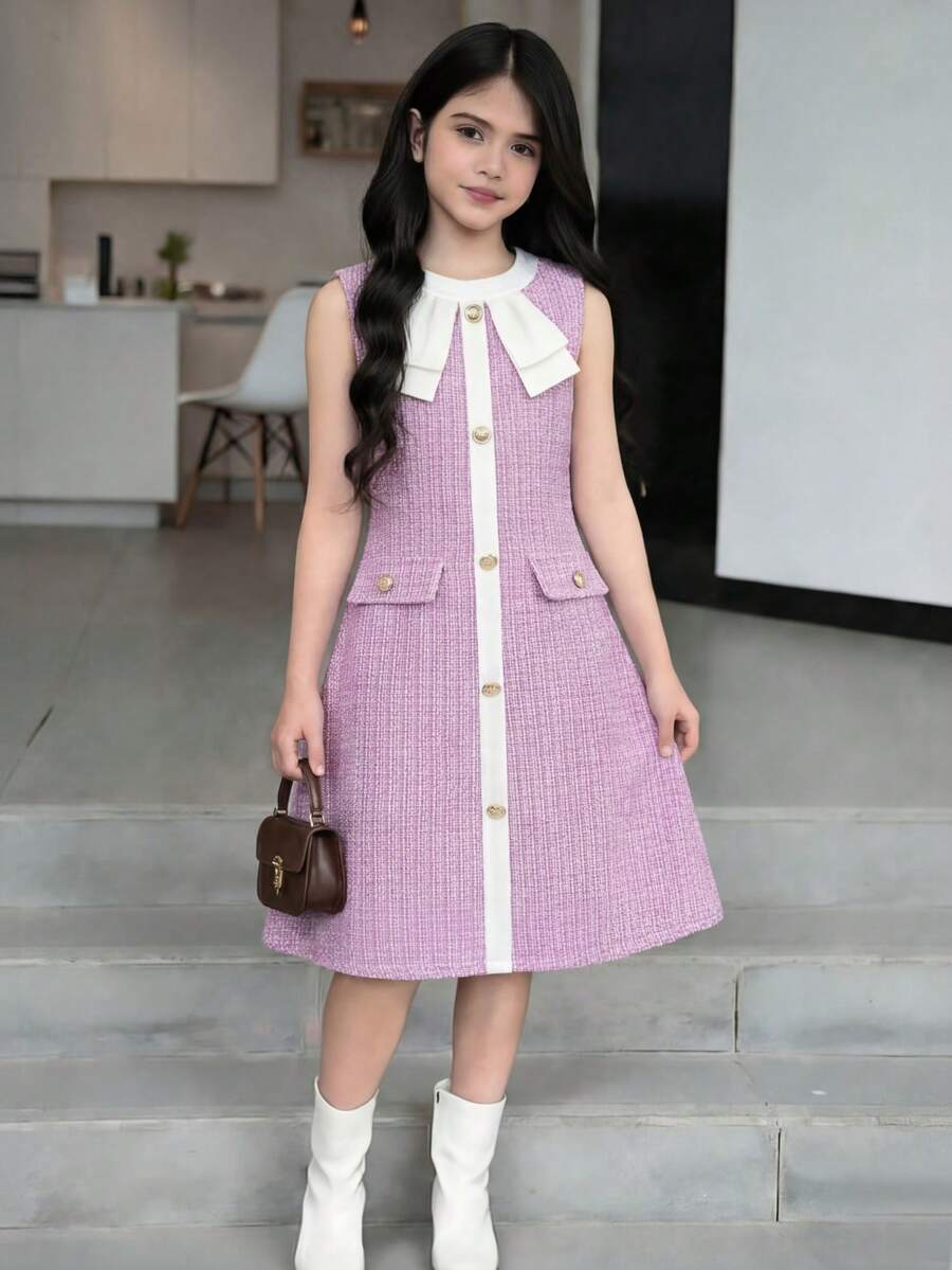 Elladie kids Đầm voan dài ngang gối kiểu công chúa ngọt ngào, tươi tắn và dễ thương, phối màu đen trắng tương phản, cổ tròn, tay ngắn, điểm xuyết hoa trắng 3D, thích hợp cho tiệc sinh nhật, hoạt động ở trường mẫu giáo, dã ngoại hàng ngày, họp mặt gia đình.
