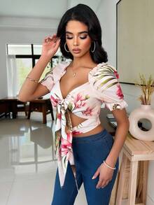 Vavine White Floral Print Ruffle Trim Short Sleeve Tie Front Cropped Top, Summer Boho Beach Vacation Holiday Brunch For Women - Multicolor - View 8