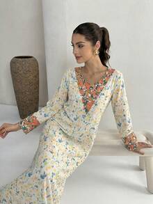 Yasmyna Women's Floral Print Long Sleeve Loose Arabic Style Dress - Green - View 4