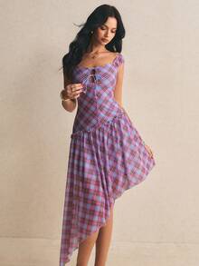 Poéselle Women's Light Blue Plaid Summer Elegant Vacation Dress,Square Neck Tie-Up Asymmetric Ruffle Hem Checkered High Low Dress,1970s Chic Vintage Picnic - Pink - View 5