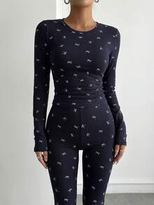 DAZY Allover Bow Print Lightweight Fitted Pajama Set, Fall Winter Clothes - Navy Blue - View 4