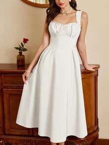 Vintamour White Summer Elegant Wedding Bridal Vintage Women's Bustier Dress With Pockets Ruched Floral Hem Casual Vacation Holiday Christmas New Year's Outfit - White - View 5