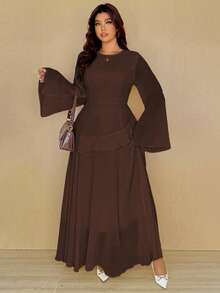 Vionelle Plus Size Solid Color Round Neck Ruffle Hem Elegant Long Sleeve Dress - Brown - View 6