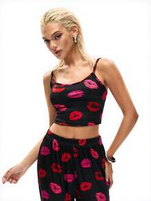 女士唇形图案印花睡衣套装 - 黑色 - 查看 6