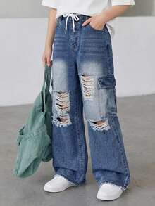 SHEIN Pantalones cargo de pierna ancha de mezclilla desgastada con cintura con cordón para niñas preadolescentes, moda callejera dulce y fresca, pantalones vaqueros de corte holgado adecuados para uso diario, citas, salidas y fiestas con amigos - Gris Oscuro - Ver 2