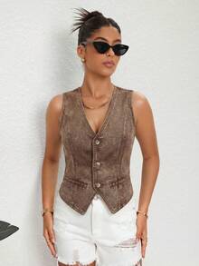 SHEIN Essnce Áo khoác denim nữ không tay, chất liệu denim mài, kiểu dáng thường ngày, có cúc phía trước, thích hợp cho mùa hè. - Cà phê nâu - Xem 4