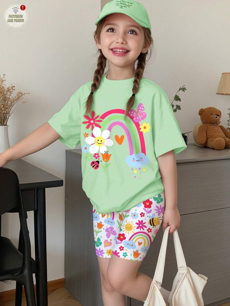 两件套女童休闲可爱印花短袖T恤和短裤套装，图案包括花朵、人脸、彩虹、昆虫和蝴蝶，适合夏季女童穿搭，春夏皆宜，休闲度假，波点元素，Y2K风格，舒适百搭，春夏风格，轻松舒适 - 彩色 - 查看 1