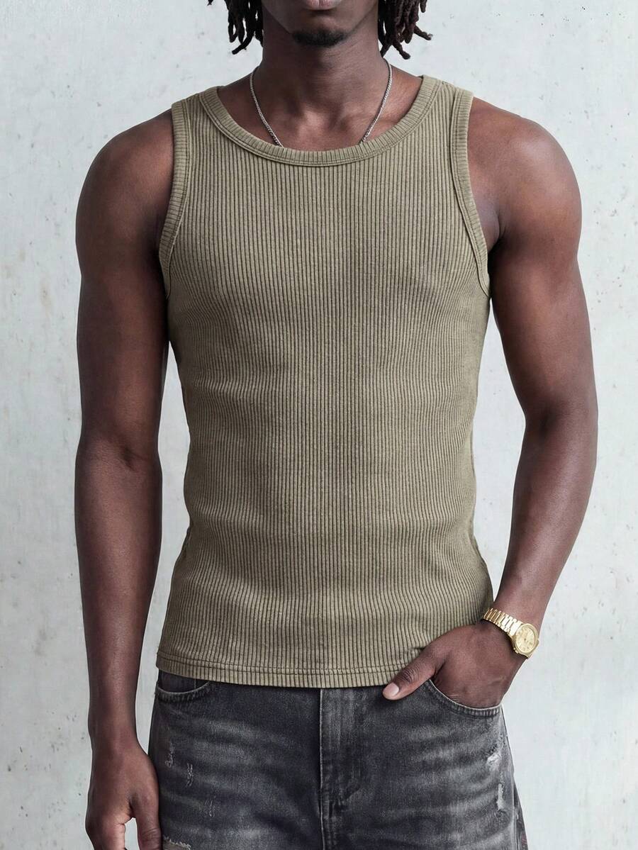 ROMWE MEN Street Life Men's Summer Slim Fit Ribbed Tank Top With Spaghetti Strap, Flattering Silhouette - Pink - View 1