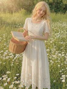 DAZY Casual Lace Embroidery Dress, French Style Slimming Summer Dress For Women - Apricot - View 3