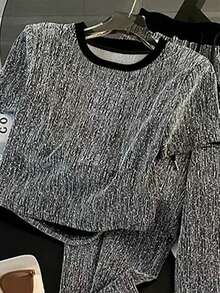 SHEIN Fitted Short Round Neck Raglan Short Sleeve T-Shirt + Straight Leg Pants With Side Pockets - Black - View 6