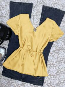 Blusa informal de mujer con nudo delantero de unicolor, para verano - Amarillo claro - Ver 2