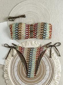 Swim Vcay Damen Casual Urlaubs Strand Party Gestrickte Jacquard Spezialstoff Träger Bikini Zweiteiler, Sommer Boho Stil Country Stil Neuankömmling - Verschiedenfarbig - Übersicht 1