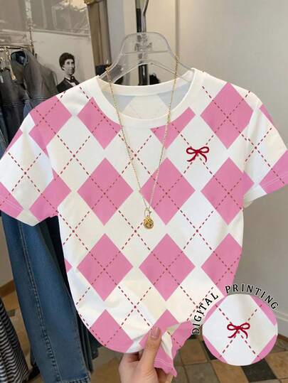 Resyla Women's Round Neck Short Sleeve Argyle Casual T-Shirt, Versatile For Summer