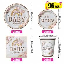 彩虹宝宝与鲜花一次性餐盘、餐巾纸和杯子，派对用品套装，可供 24 人使用，一次性纸质派对餐具，适合生日、婚礼、主题派对、家庭野餐。 - 查看 2