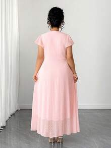 Elenzga Vestido de manga con volantes de cuello en V de longitud media, talla grande, nueva colección de primavera y otoño - Rosa - Ver 2