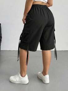 POPSWAY Plus Size Fashionable Casual Sweet Cargo Pants, Mid-Length Shorts, Suitable For Outings, Daily Wear, Back To School In Summer - Black - View 2
