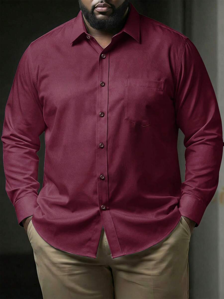 DRIVNCORE Plus Size Men Solid Color Front Button Business Casual Long Sleeve Shirt, Fall - Burgundy - View 1