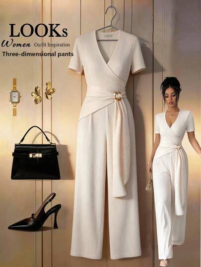 Elenzga New Solid Color Fashionable Jumpsuit For Women, Asymmetric Collar Knitted Texture Skinny Style, Twist And Ribbon Design Jumpsuit, Elegant Outfit For Women, Spring Summer Women's Clothing, Moderate Spring Summer Women's Apparel