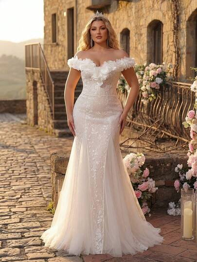 Glamrae Vestido de novia de malla ajustado con escote descubierto, bordado de flores 3D, recortes de malla y detalles de cuentas, elegante y romántico, talla grande para eventos nupciales