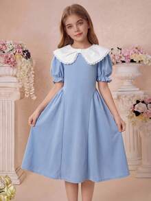 Pitira Abito elegante e casual da ragazza tween per occasioni speciali, con colletto Peter Pan, maniche a sbuffo, orlo arricciato, dettaglio fiocco, colore blu, adatto per /estate, uso all'aperto e occasioni di festa. Abiti eleganti da ragazza con colletto. - Blu e Bianco - Visualizzare 5
