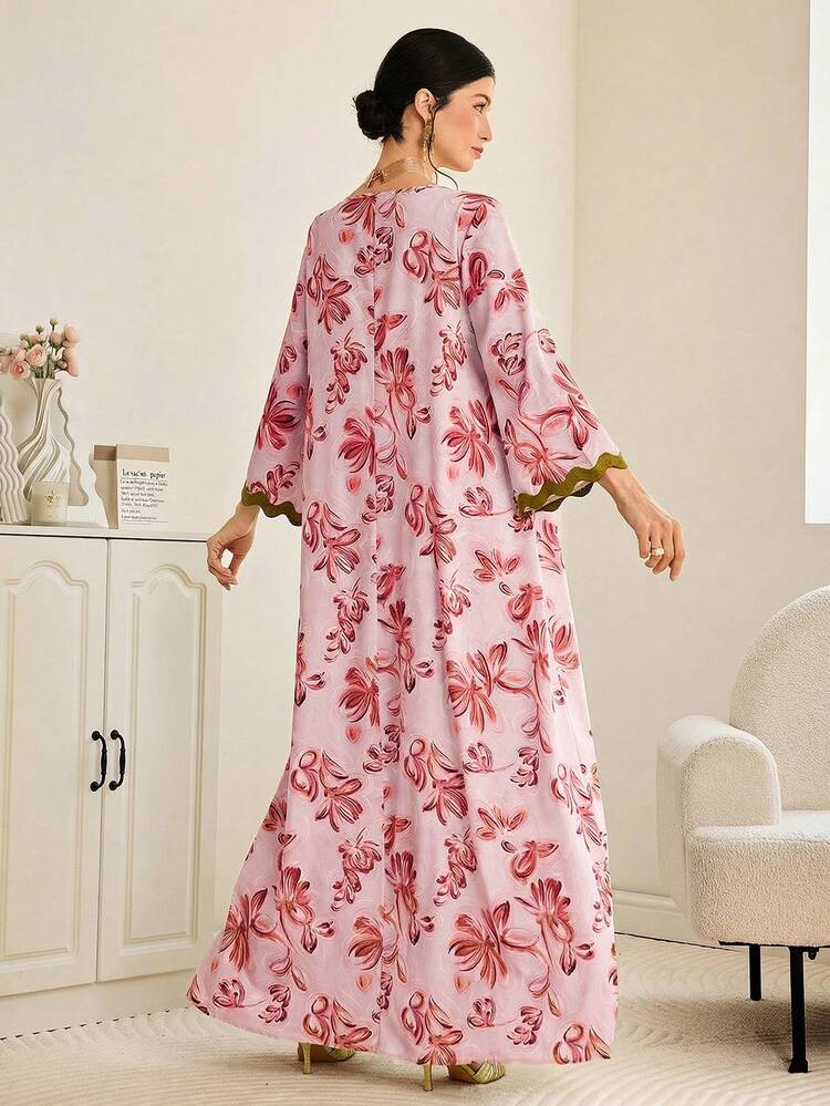 SHEIN Najma 女士印花V领撞色滚边长袖阿拉伯风格连衣裙 - 粉色 - 查看 4