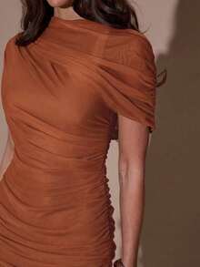 SHEIN BAE Đầm xếp ly thanh lịch, thích hợp cho tiệc cocktail, hẹn hò lãng mạn, mặc nhiều lớp vào mùa thu/đông, dự tiệc, họp mặt trang trọng, váy Halloween, váy Giáng sinh. - Rỉ Nâu - Xem 6