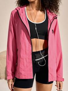 SHEIN In My Nature Áo khoác gió ngoài trời tay dài có mũ, khóa kéo phía trước, in chữ dành cho nữ - Hồng - Xem 4