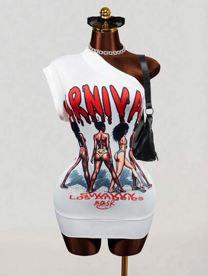 Mistrie 2026 夏季新款复古街头风不对称肩部半袖艺术印花修身连衣裙，适合音乐节和街头穿着，女装