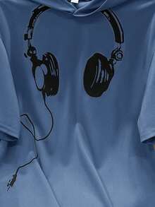 SHEIN 青少年男童休闲连帽短袖印花T恤，电子游戏印花，夏季款 - 霧霾藍 - 查看 3