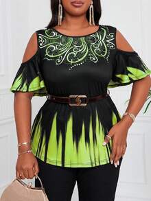 SHEIN Lady 加大码女式休闲印花露肩圆领短袖T恤，夏季 - 彩色 - 查看 6