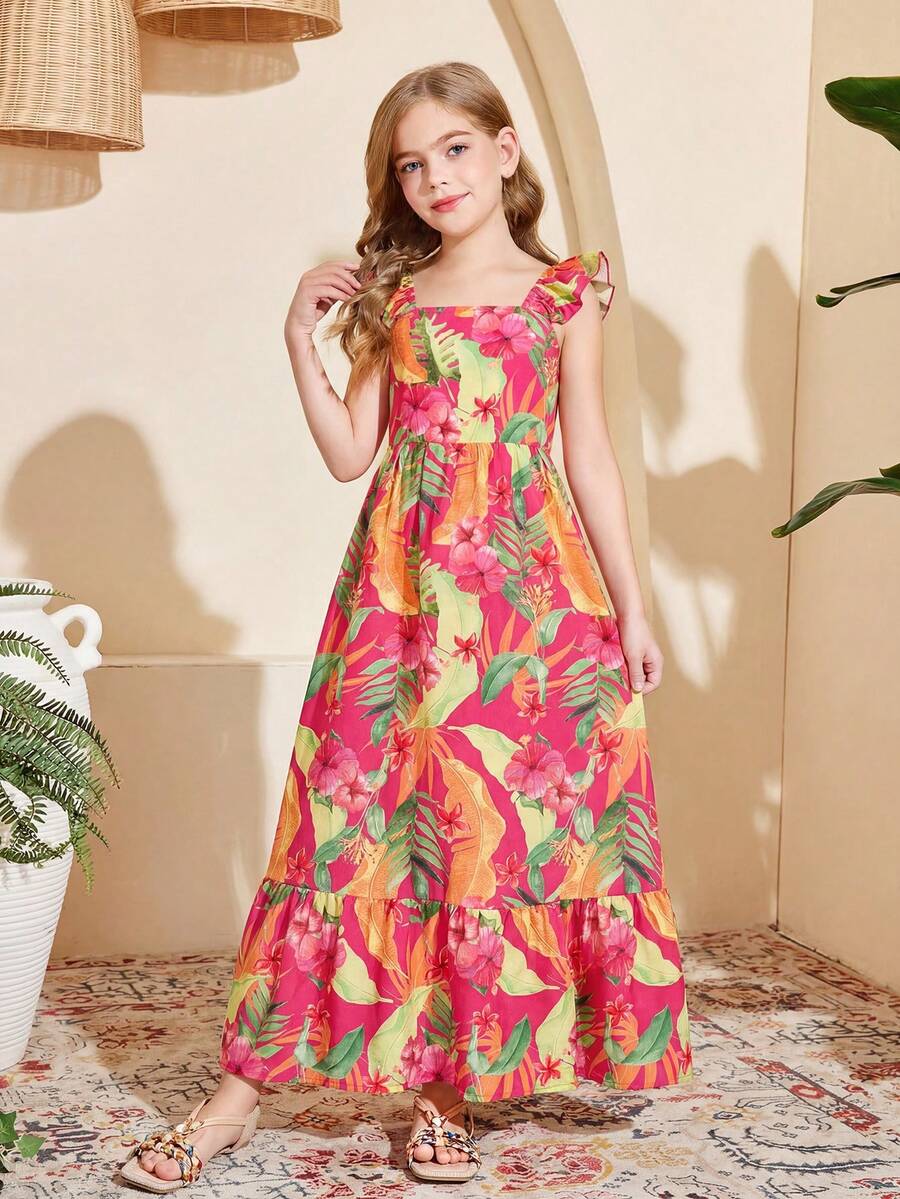 SHEIN 少女热带植物印花短袖连衣裙 - 彩色 - 查看 1