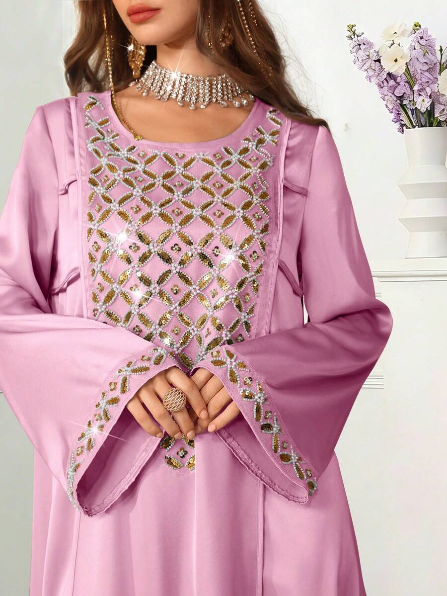 Al Najma Đầm thời trang kiểu Ả Rập cổ đính hạt dành cho nữ - Màu Lilac Tím - Xem 1