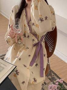 女士和服式长袖轻薄紫色碎花睡袍，甜美可爱宽松版型，家居休闲服，欧美简约设计，纯色时尚家居服，春秋季返校季罩衫浴袍，新娘送礼佳品 - 紫色 - 查看 9