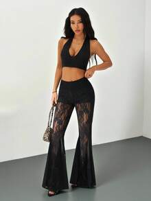 SHEIN PETITE 女士蕾丝拼接休闲百搭日常喇叭裤 - 黑色 - 查看 7